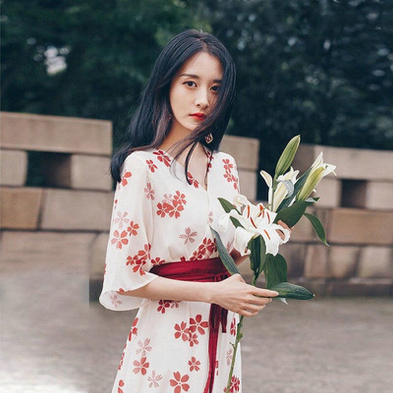 Vestido japonés de estilo Kimono para mujer, ropa tradicional Kawaii, con estampado de Sakura y Geisha Vintage, hasta la pantorrilla
