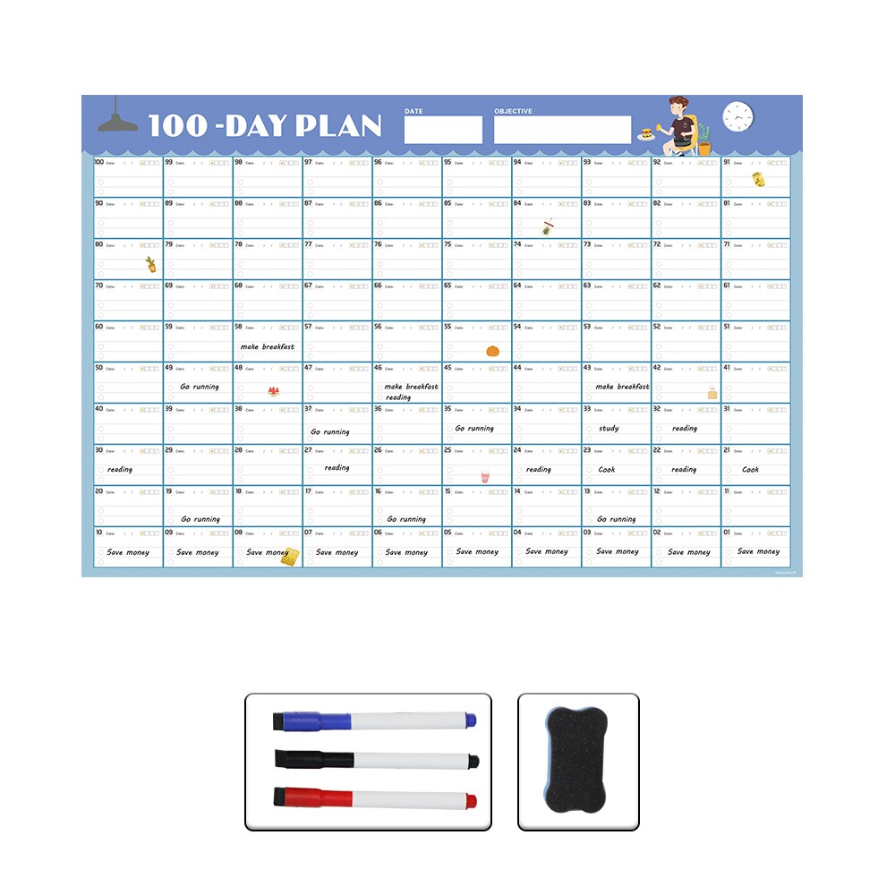 Calendar Sticker 100 Days Agenda Schedule Wall Calendar Daily Behavior Chart Waterproof Weekly Month Planner Goal Organizer: 6040ZLB18