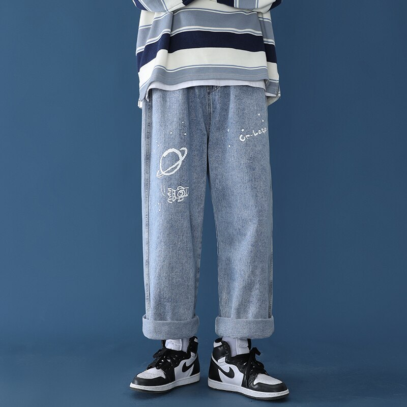 Pantalones vaqueros con Graffiti hombre recto skateboard chic suelto sal serie versátil ancho de la pierna de papá de venta al por menor ropa informal estilo hip hop: L