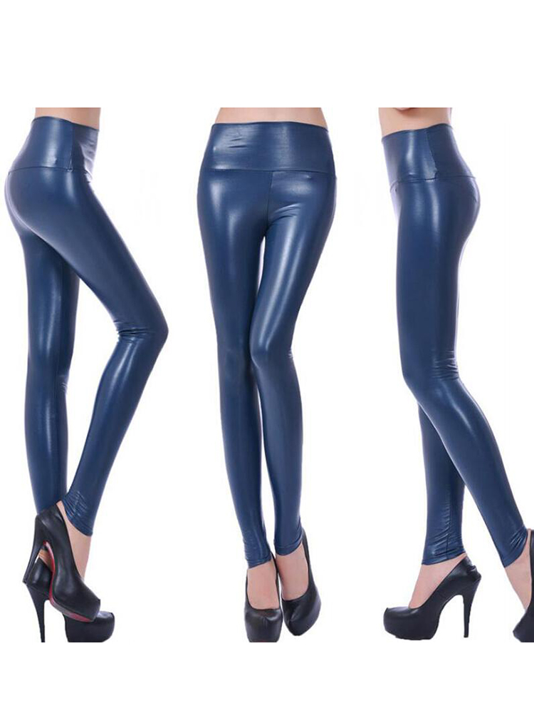 CHSDCSI Legging Sexy de cintura alta de piel sintética para mujer, pantalones pitillo negros, pantalones ajustados: M / Azul marino