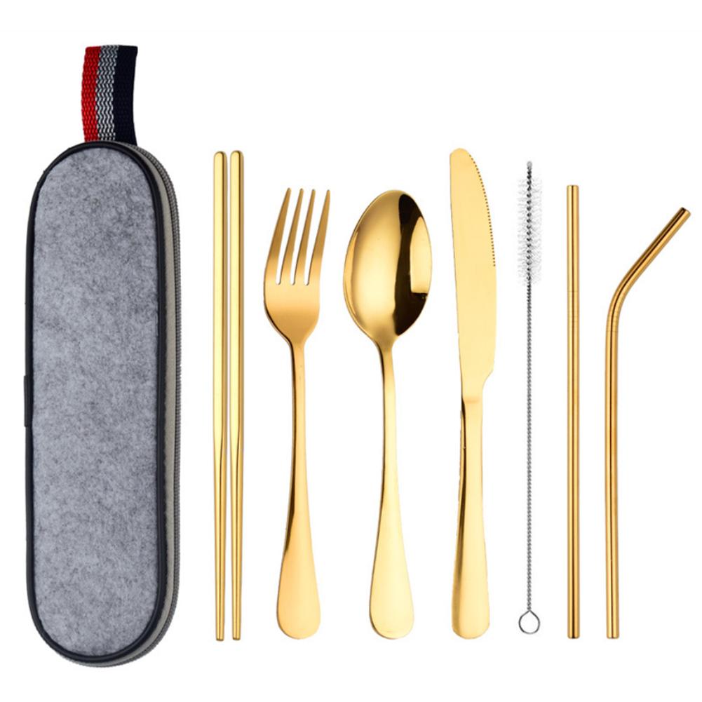 8 st/set rostfritt stål bestick sked ätpinnar rengöringsborste set bärbara silverbestick reseredskap set med fodral halm