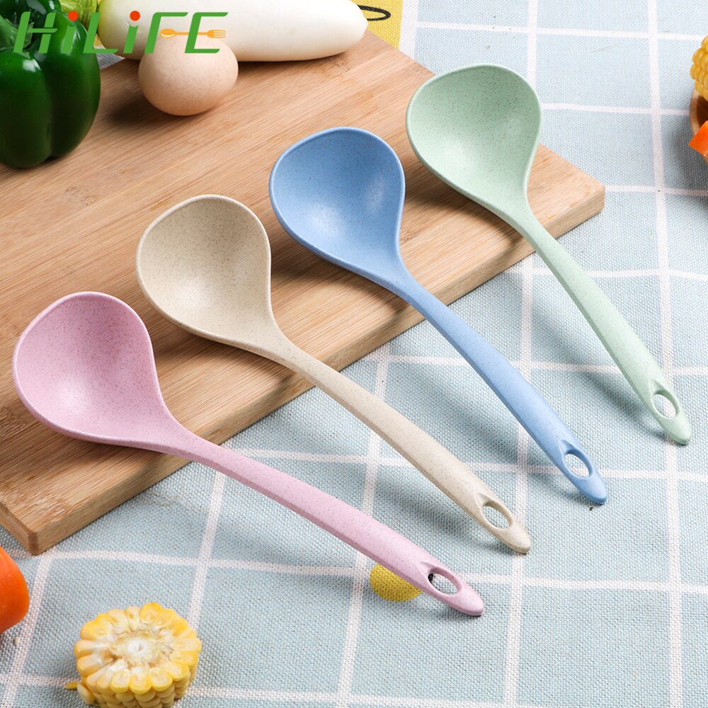 HILIFE cuchara de comida de mango largo cazo cuchara sopera vajilla suministros de cocina paja de trigo respetuoso con el medio ambiente