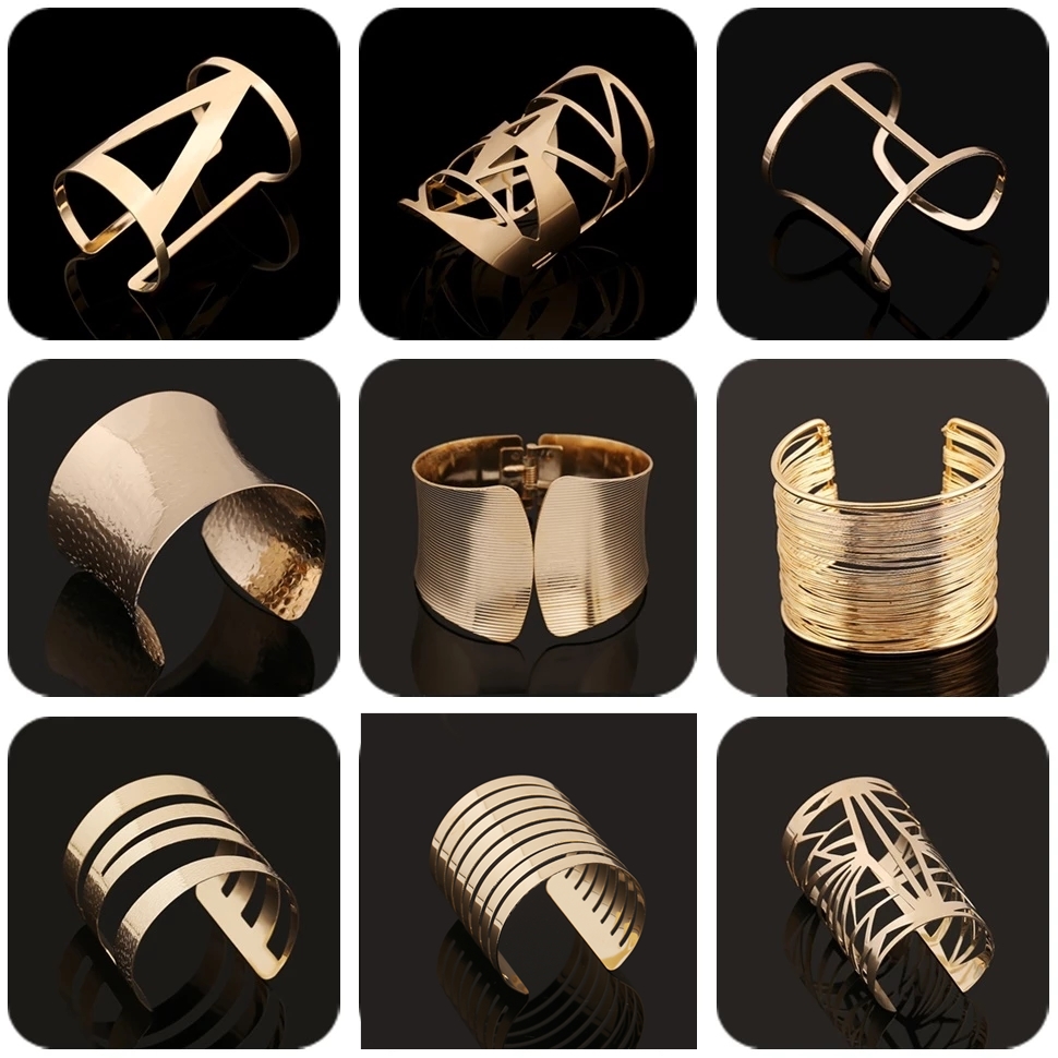 Goud Zilver Kleur Hollow Brede Manchet Armbanden Armbanden Voor Vrouwen Mannen Punk Geometrische Lichtmetalen Open Grote Armband Mode-sieraden