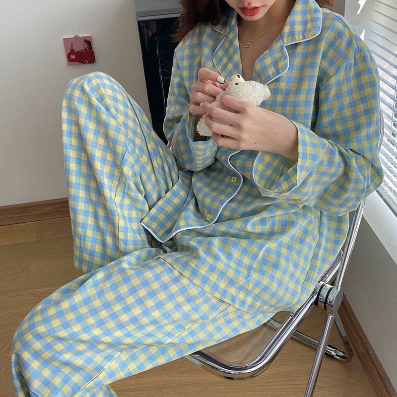 Plaid Home Suit Sleepwear Women's Pijama De Mujer Cotton Long Sleeve Sleep Tops + Pants Nightie Women Night Suits Pyjama Femme