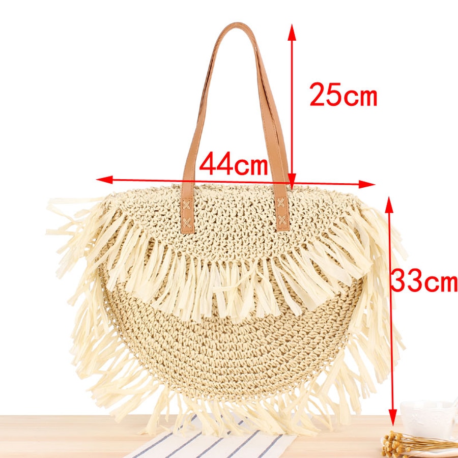 Bohemien Runde Quaste Frauen Stroh Tasche Spitze Papier Rattan Schulter Beutel Große Beiläufige Handtaschen Sommer Strand gewebte Geldbörsen