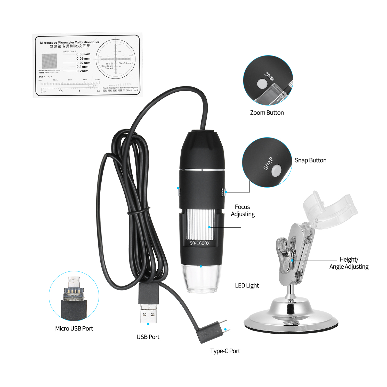 Lupa de microscopio con Zoom Digital USB con función OTG lupa de luz 8 LED aumento 1600X con soporte