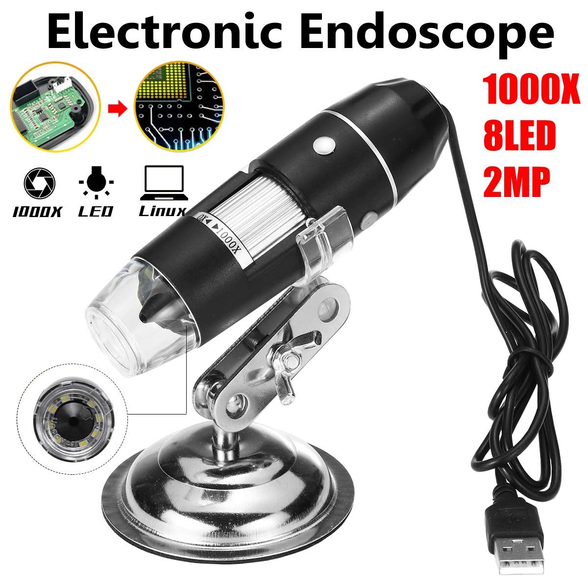 1600X USB Digital Microscope Camera Endoscope 8LED Magnifier with Metal Stand