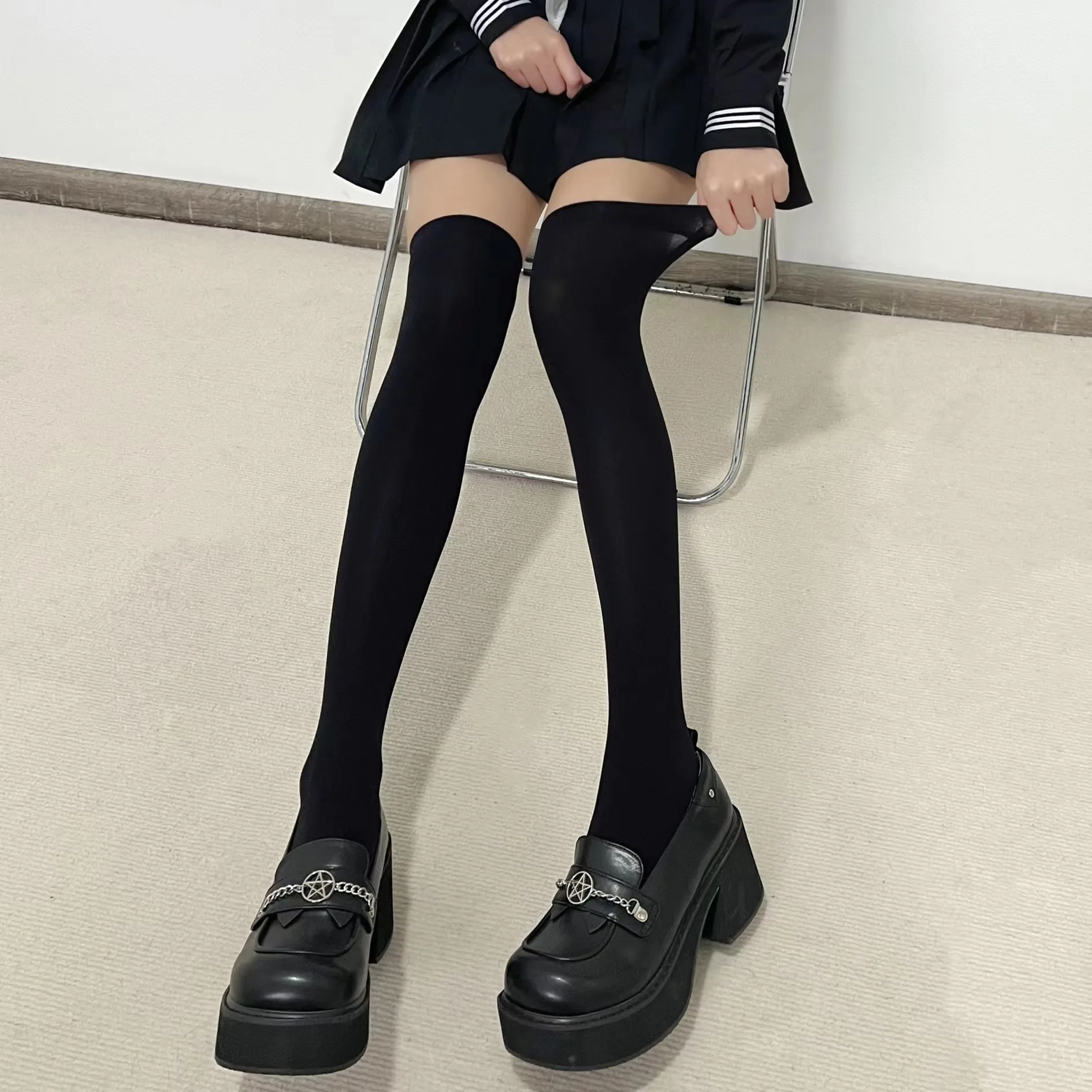 Meias altas para o joelho, monocromáticas, pretas, brancas, estilo japonês, meias de escola, coxa alta, lolita, kawaii, fofas, longas, JK
