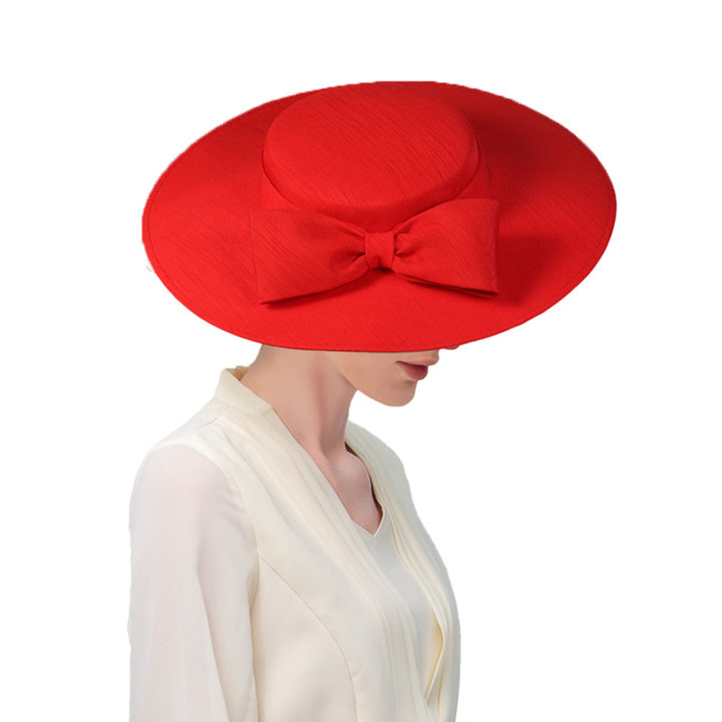 Tocados de ala ancha para iglesia, sombreros para mujer, lazo grande, gorra Formal de Kentucky, sombrero de fieltro plano para de té nupcial y boda: Rojo