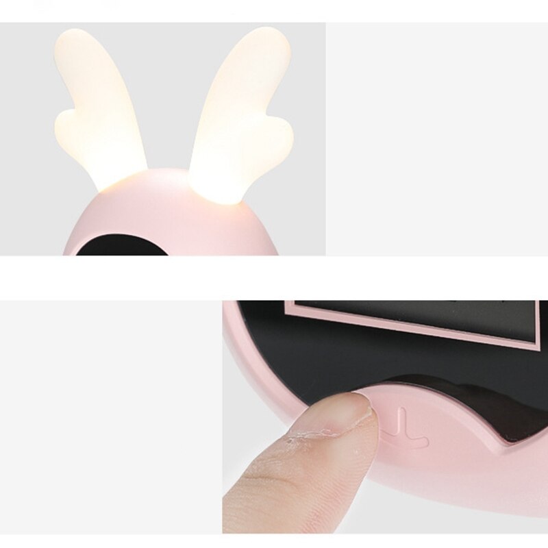 Cute Lighted Antlers Wake Up Digital Alarm Clock for Kids Press Control USB Charge Large Display LED Night Light Clock