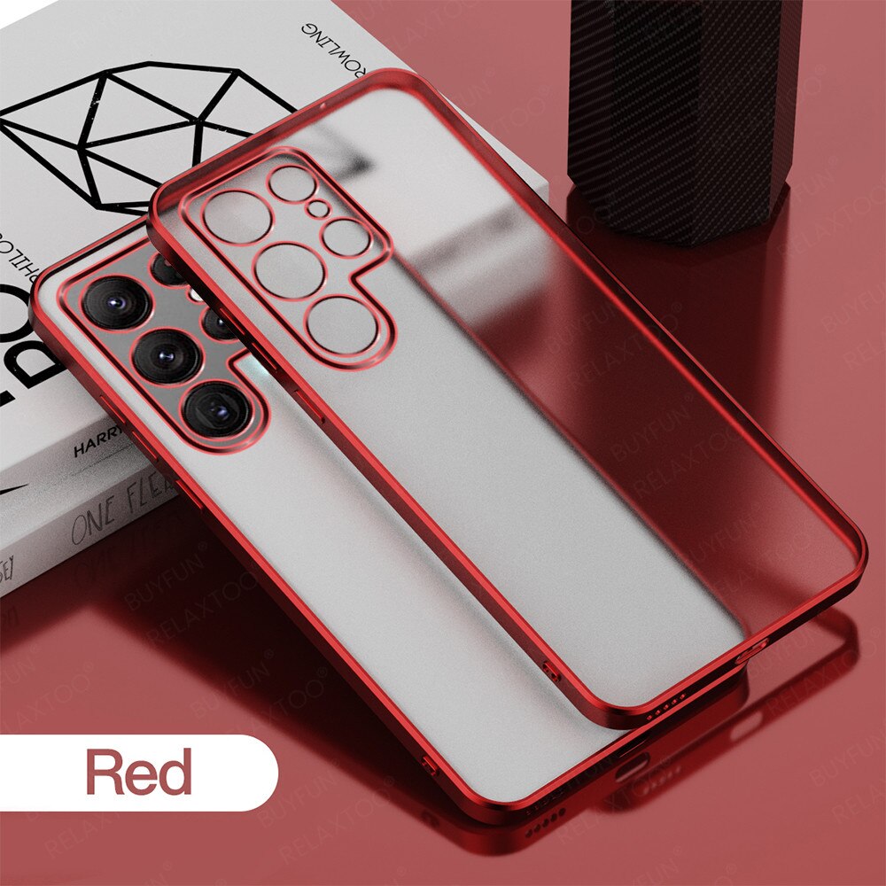 Luxury Plating Phone Case For Samsung Galaxy S22 Ultra 5G S 22 Plus 5G 2022 Camera Protect Matte Transparent Electroplated Cover: S22 Ultra / Red 3