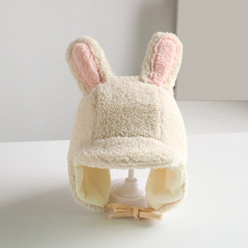 Inverno quente bebê meninos letra p cordeiro veludo earflap chapéu duplo pompom boné beanies para crianças criança gorro eargflap: Beige Bunny Ears