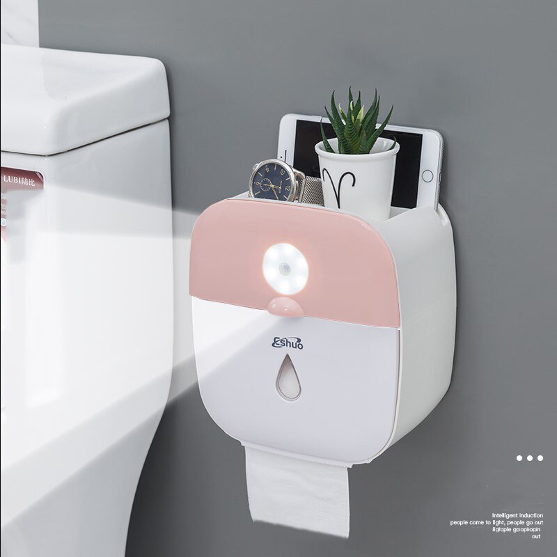 Wall Mounted Waterproof Tissue Holder Box With Human Intelligent Sensor Lamp Bathroom Paper Towel Holder For Phone Storage Box