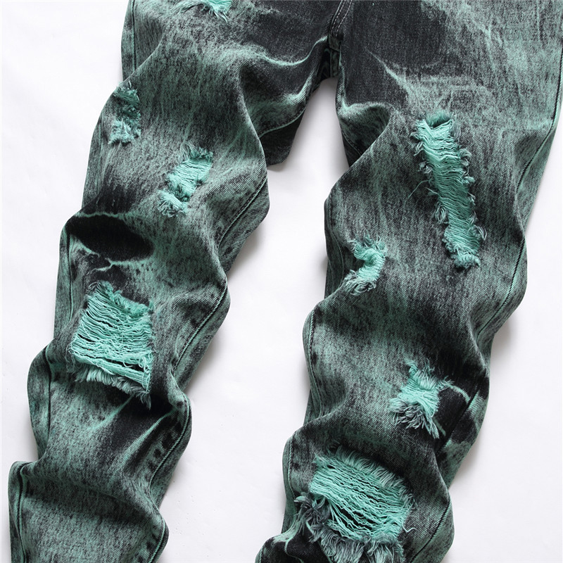 Jean Denim Y2K pour hommes, pantalon droit déchiré avec trous, noir, vert