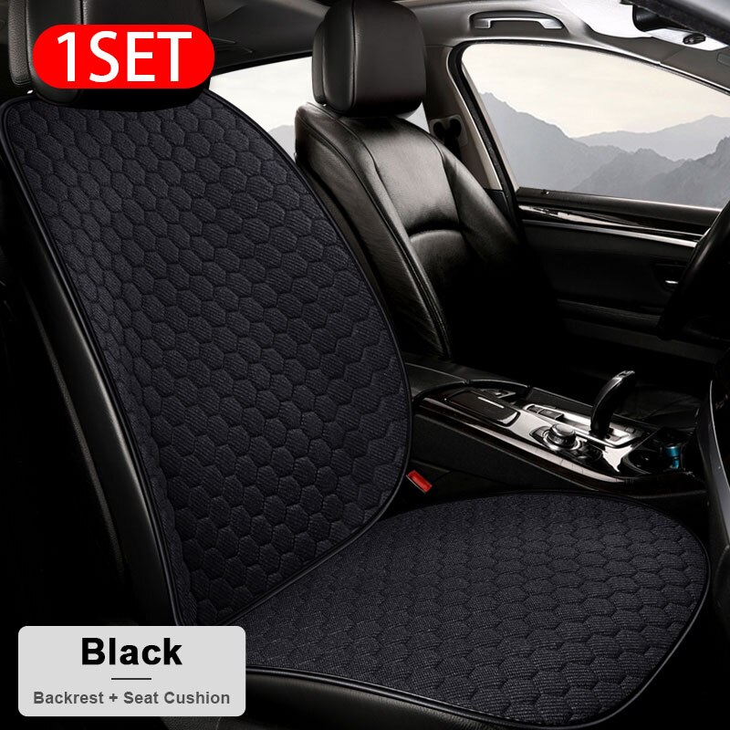 Vlas Auto Stoelhoezen Set Ademend Linnen Mildewproof Zitkussens Universele Transpiratie Protector Mat Auto Interieur Accessoires: Front Set Black 1set