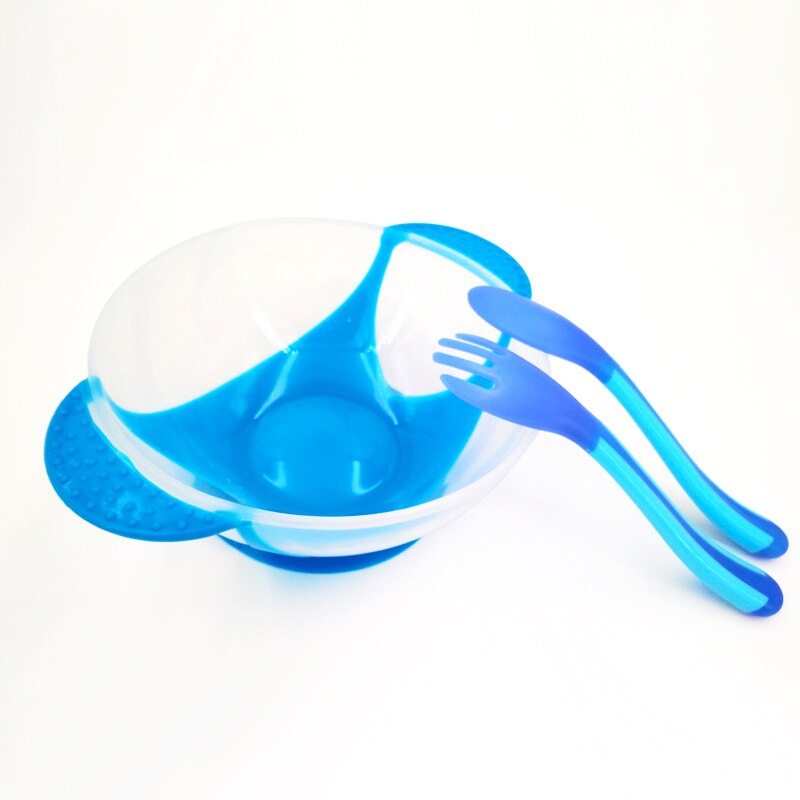 Babyservise servise sugeskål med temperaturføleske babymad skål temperaturføleske baby foderskål: Blå sæt