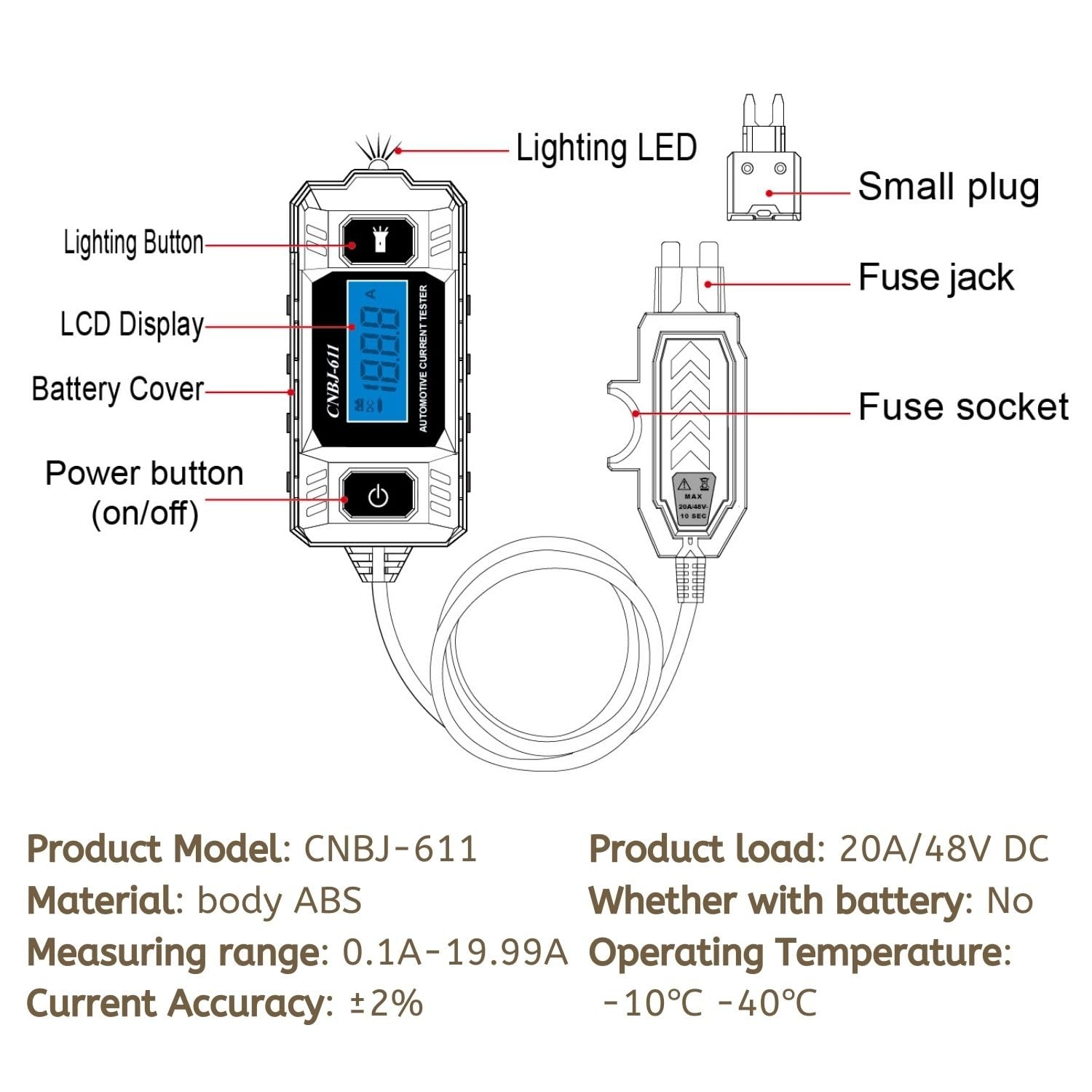 CNBJ-611 Automobil Sicherung Strom Tester Hintergrundbeleuchtung Auto Leckage Analysator 12V 20A 0,01A ~ 19,99A Sicherung Galvanometer diagnostizieren Werkzeug