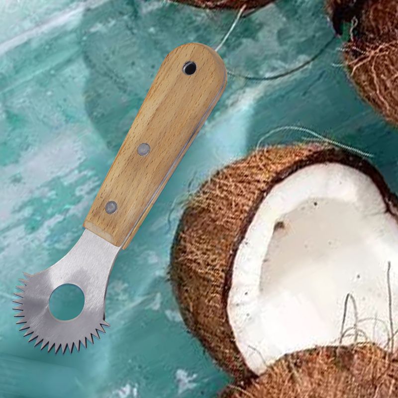 Kokosnødskværn i rustfrit stål til hjemmet melonfrugterfjerner kokoskødskraber med træhåndtag høvl frugtske høvl