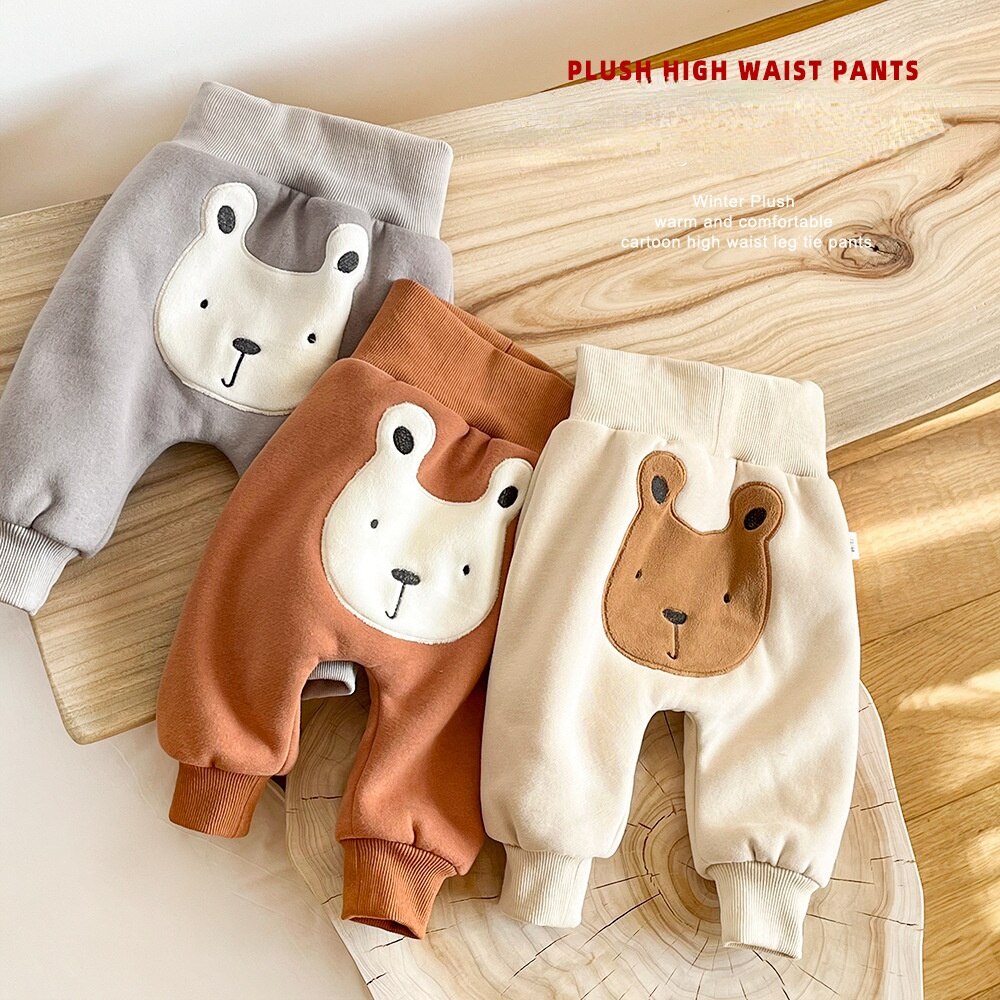 9533C Baby Kleding Cartoon Beer Pp Broek Winter Cartoon Dier Borduurwerk Baby Broek Jongen Hoge Taille Dikke Meisje &#39;S Pant