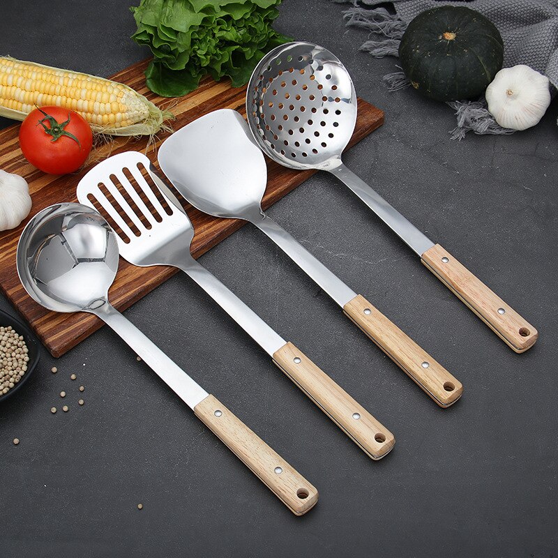 Stainless steel kitchenware set solid wood handle spatula frying shovel spoon kitchen tool cooking cookware sets