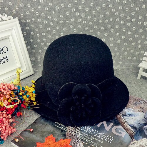 Herbst Winter Wolle Boater Flache Top Hut Für Frauen Filz Breiter Krempe Fedora Hut Jazz Kappe Klassischen Bowler Gambler top Hut: Black peony