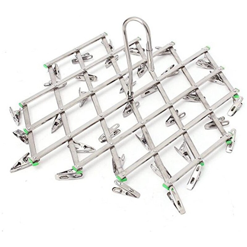 Torkställ i rostfritt stål med 35 klämmor, utrymmesbesparande dropphängare, krok för torkpinnar för tvätt, kläder, strumpor