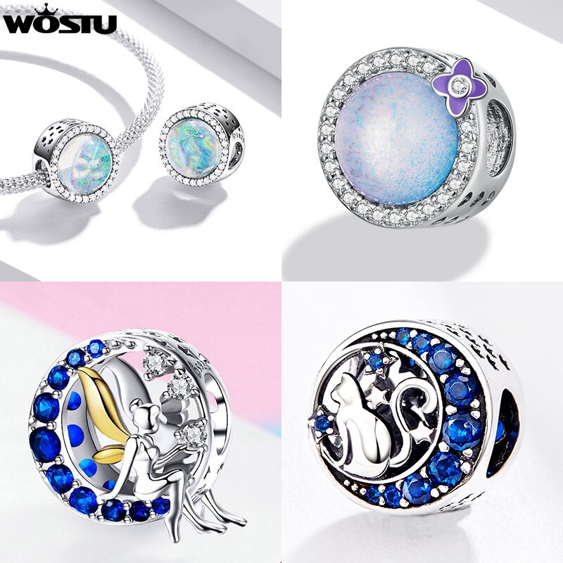 WOSTU Round Glass Opal Beads 925 Sterling Silver Rainbow Purple Blue Charms Fit Original Bracelet Necklace Jewelry Making