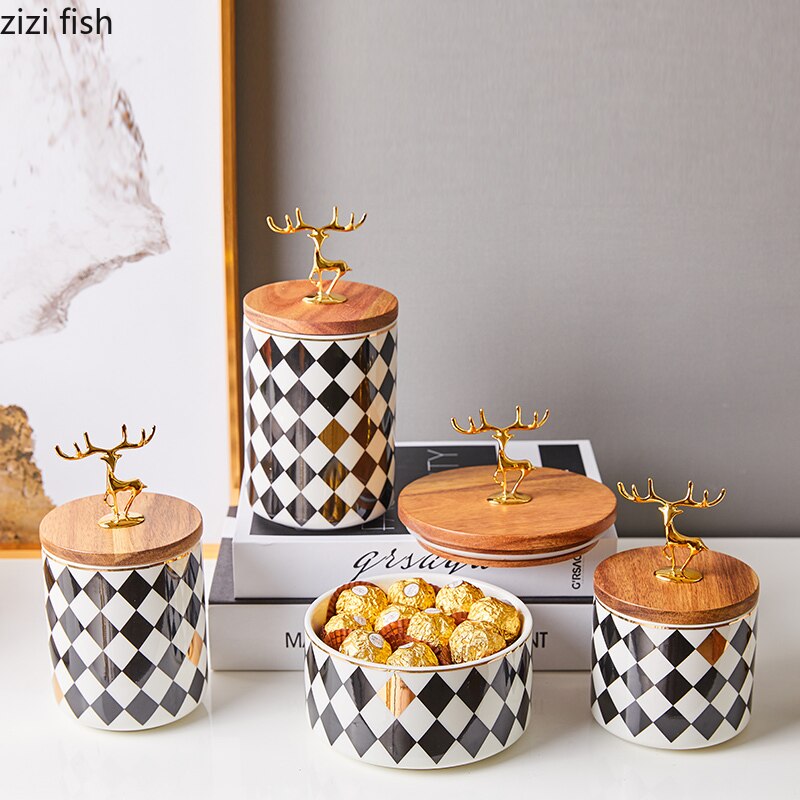 Ceramic Storage Jars Black and White Grid Porcelain Storage Jar Golden Deer Cover Tea Canister Coffee Pot Organizer