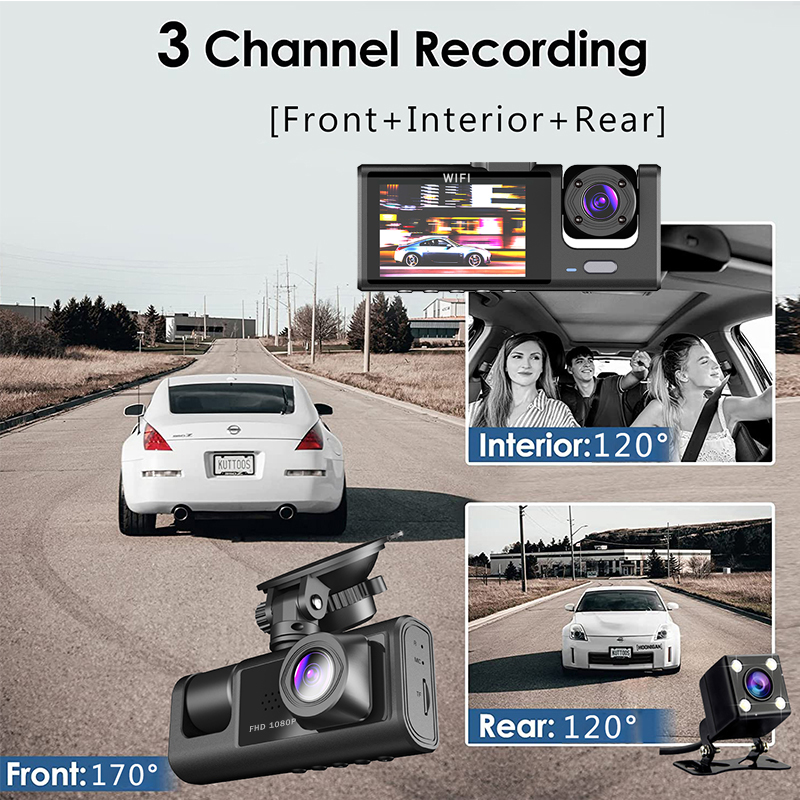 WiFi 3-Kanal-Dashcam Drei-Wege-Auto-DVR im Inneren Fahrzeugkamera-Recorder HD1080P Video Mini Registrator Kabine Dashcam Camcorder