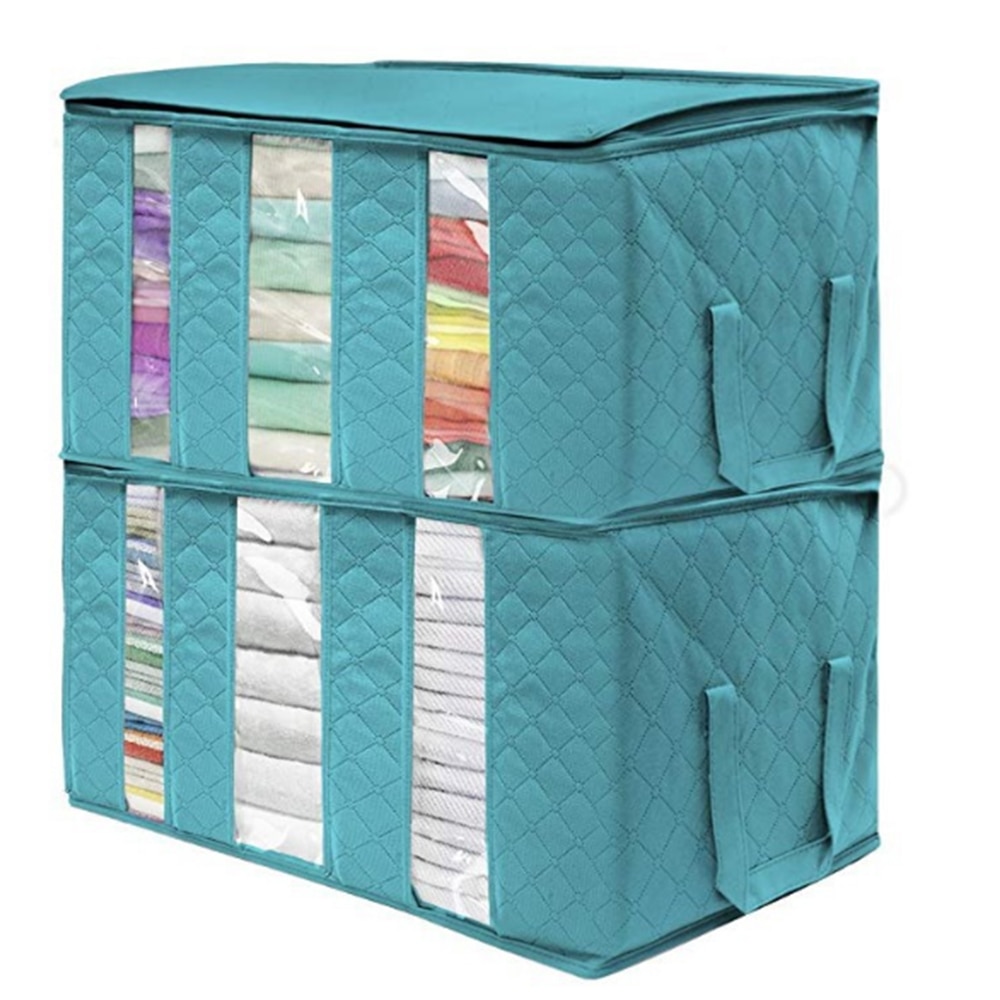 Non-Woven Fabric Wardrobe Storage Box With 3 Compartments Zipper Folding Storage Box Clear Window Organizer With Handles 1Pcs