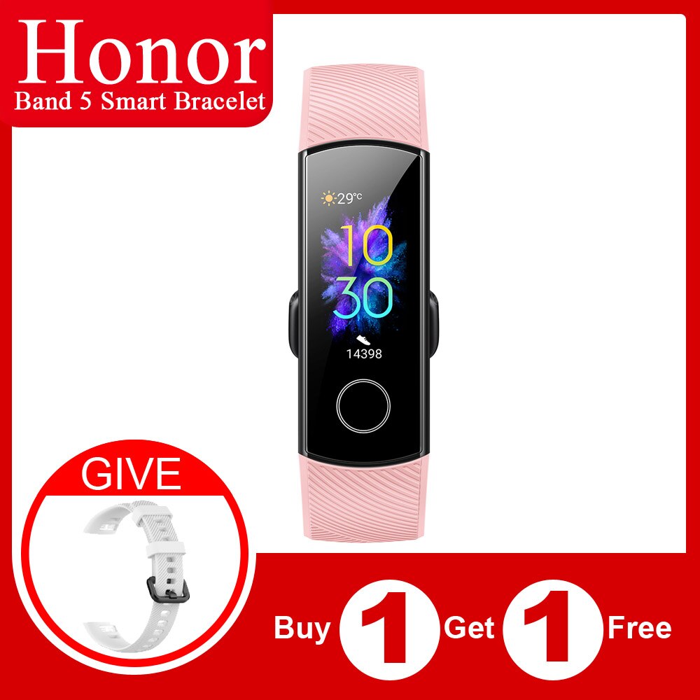Originele Honor Band 5 Globle Versie Smart Wirstband Fitness Armband Tracker Stappenteller Hartslag Sleep Monitor Waterdichte Band: Pink and White