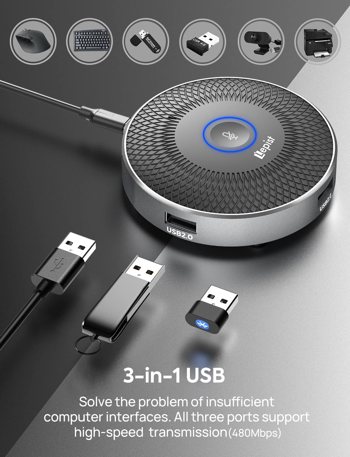 Micrófono de conferencia, micrófono portátil para computadora USB 3 en 1, 360 ° Pastilla omnidireccional para escritorio/portátil/tableta, reuniones, micrófono Skype