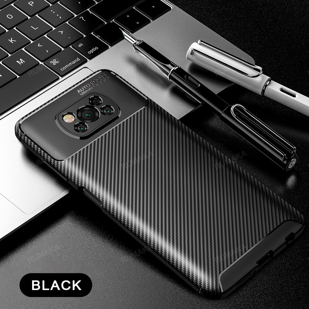 Schokbestendig Case Voor Xiaomi Poco X3 Nfc Case Carbon Fiber Textuur Zachte Siliconen Rubber Cover Voor Xiaomi Poco M3 telefoon Case: For Poco X3 NFC / Black