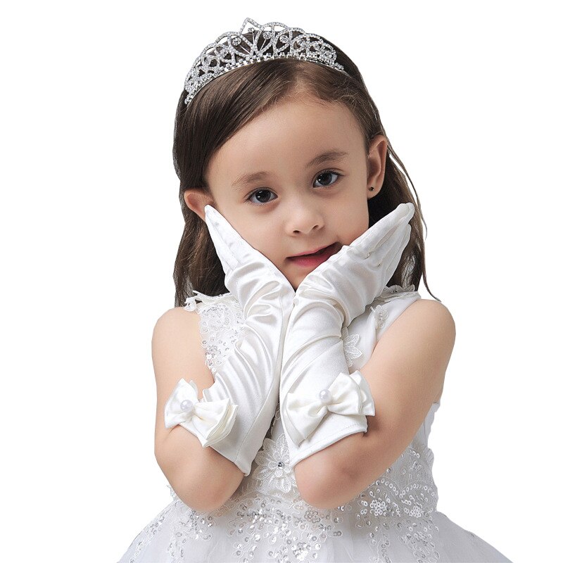 Prinses Meisjes Handschoenen Satijnen Lange Handschoenen Kinderen Dag Party Prom Dance Handschoenen Met Strik Kinderen Jurk Accessoires: White wedding gloves