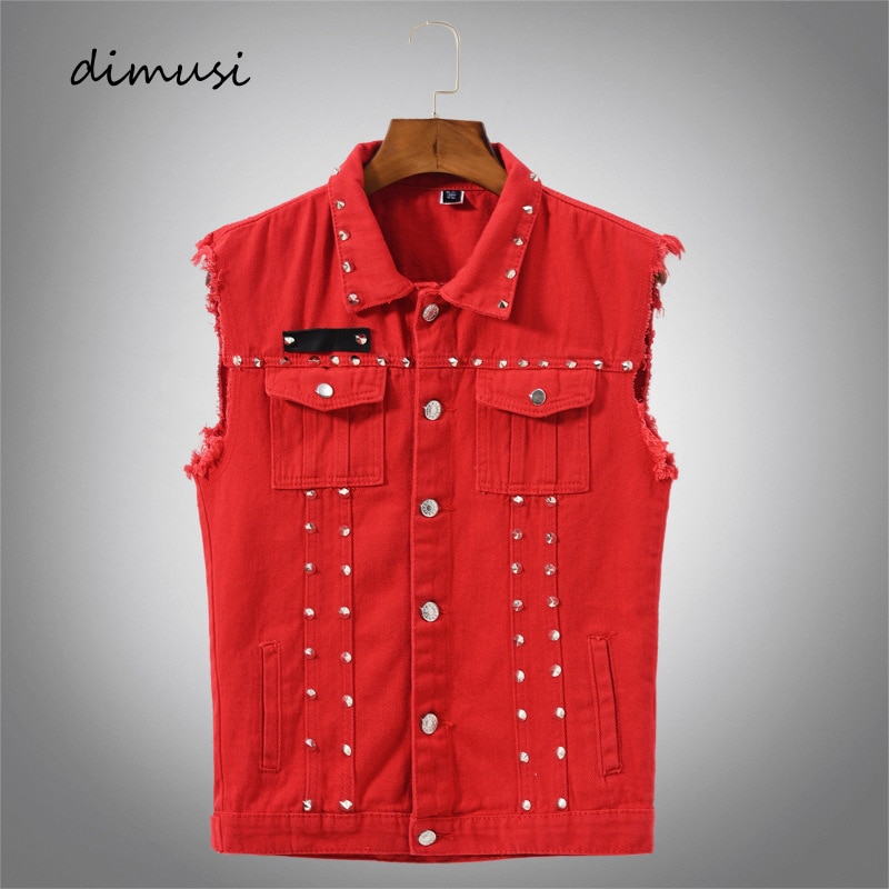 Dimusi høst herrevest vintage denim jeans vest mannlig rød revit ermeløse jakker menn retor hull jeans vester klær 5xl