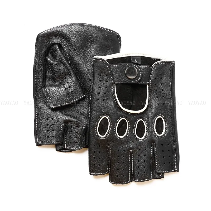 Guantes de cuero puro Real de para hombre, Guantes finos de medio dedo para Fitness, Guantes elegantes de dos colores para conducir, montar en gimnasio, sin forro: Blanco / M