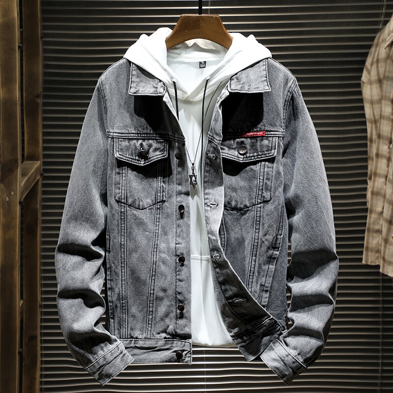 Winter denim jacket men's loose plus size denim tooling jacket: Gray / L