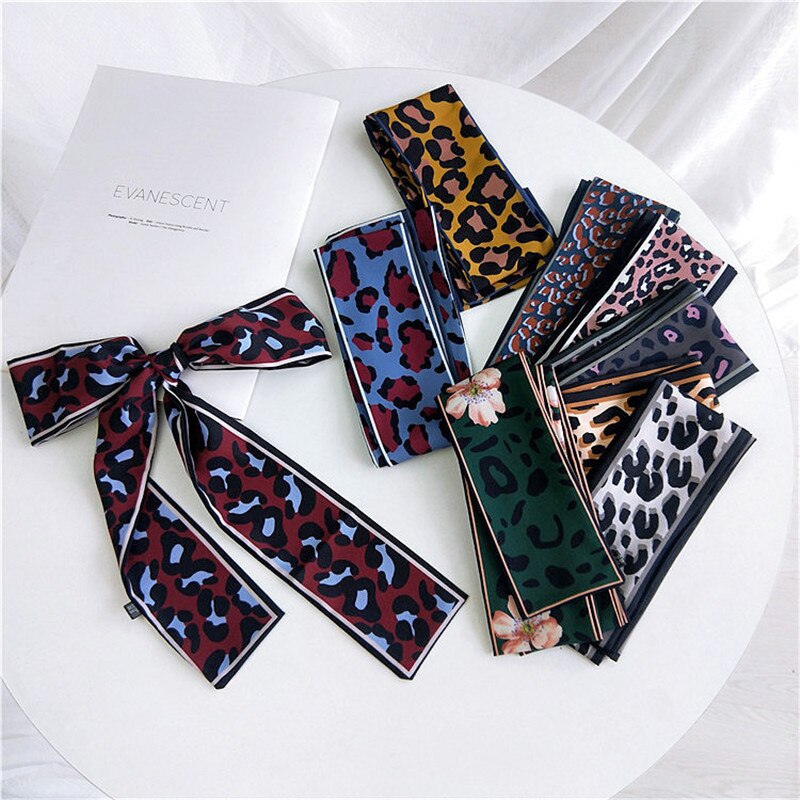 Kvinder tørklæde skinny silke leopard print bandana lille håndtag taske bånd kvindelige halstørklæde hoved tørklæder & wraps