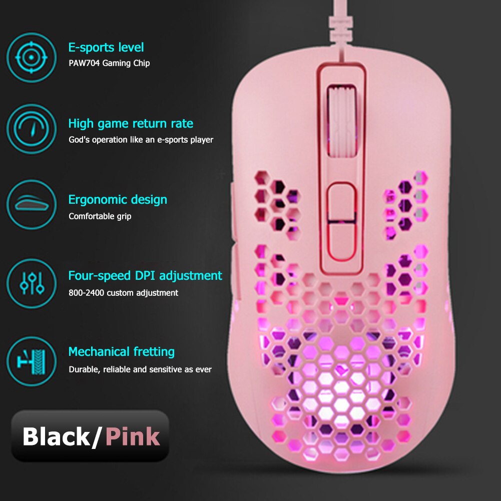 VODOOL 383 Gaming Mouse PAW704 Chip Lightweight Hollow Honeycomb Hole RGB Backlight USB Wired Optical Mice for Computer