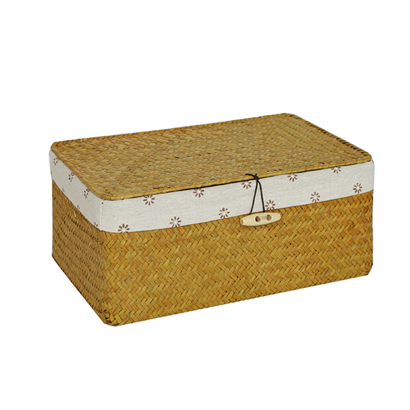 Handmade Rattan Storage Box Container Desktop Sundries Organizer Straw Wicker Basket With Lid Liner Bathroom Chest Square