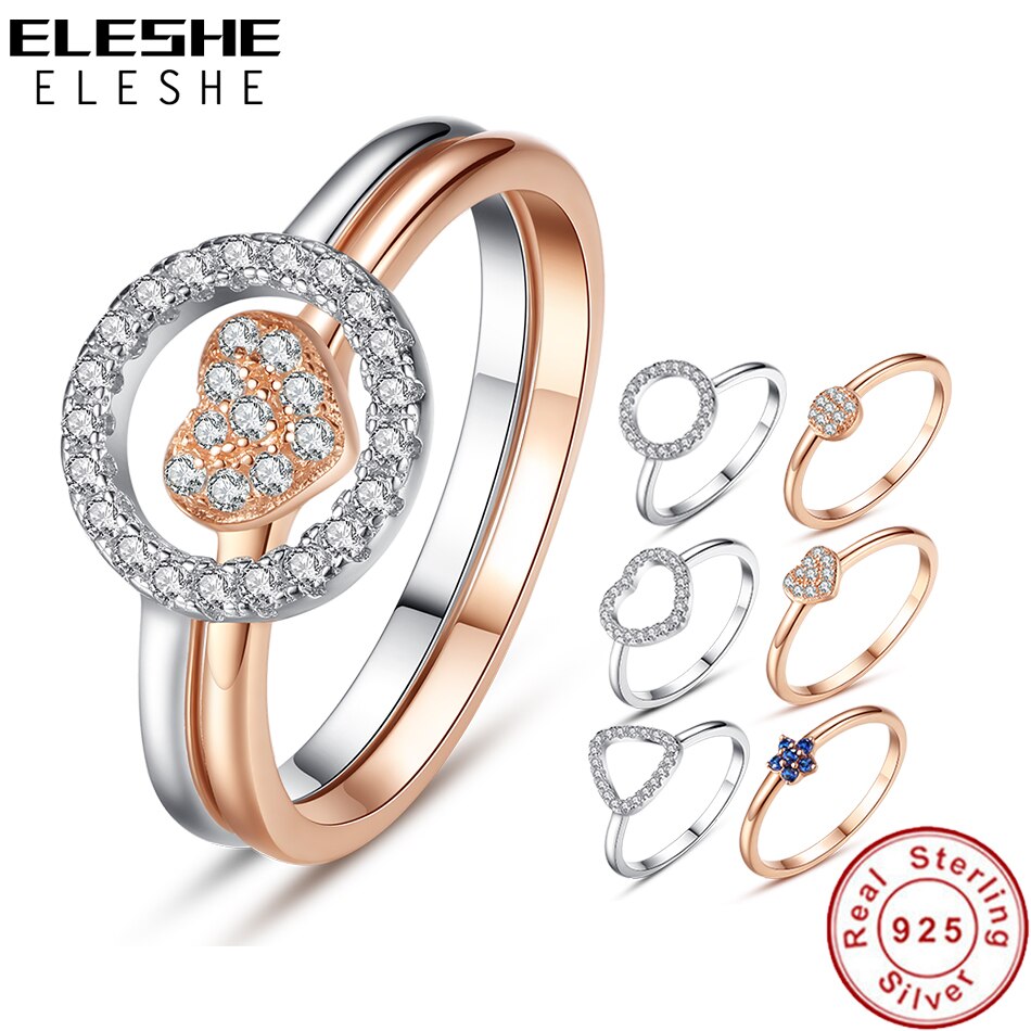 ELESHE brillante Zirconia cúbica cristal hueco anillo redondo para el dedo macizo auténtico 925 anillos de plata esterlina para las mujeres joyería