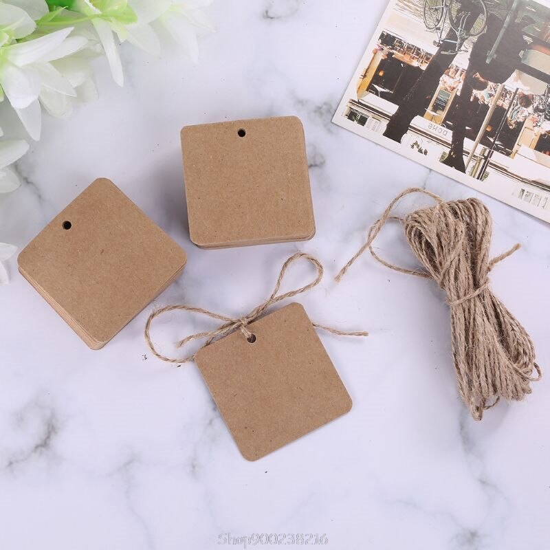 Etiquetas de papel Kraft cuadradas en blanco para , etiqueta de boda, tarjeta de precio, artesanía con hilo de yute de 10m, S15 20, 100 Uds.,