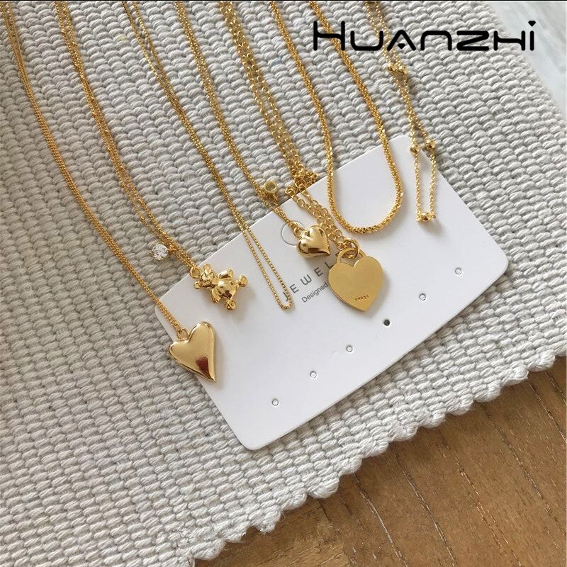 HUANZHI Neue Trend Geometrische Platz Runde Liebe Bär Metall Kette Halskette Gold Farbe für Frauen Mädchen Partei Schmuck