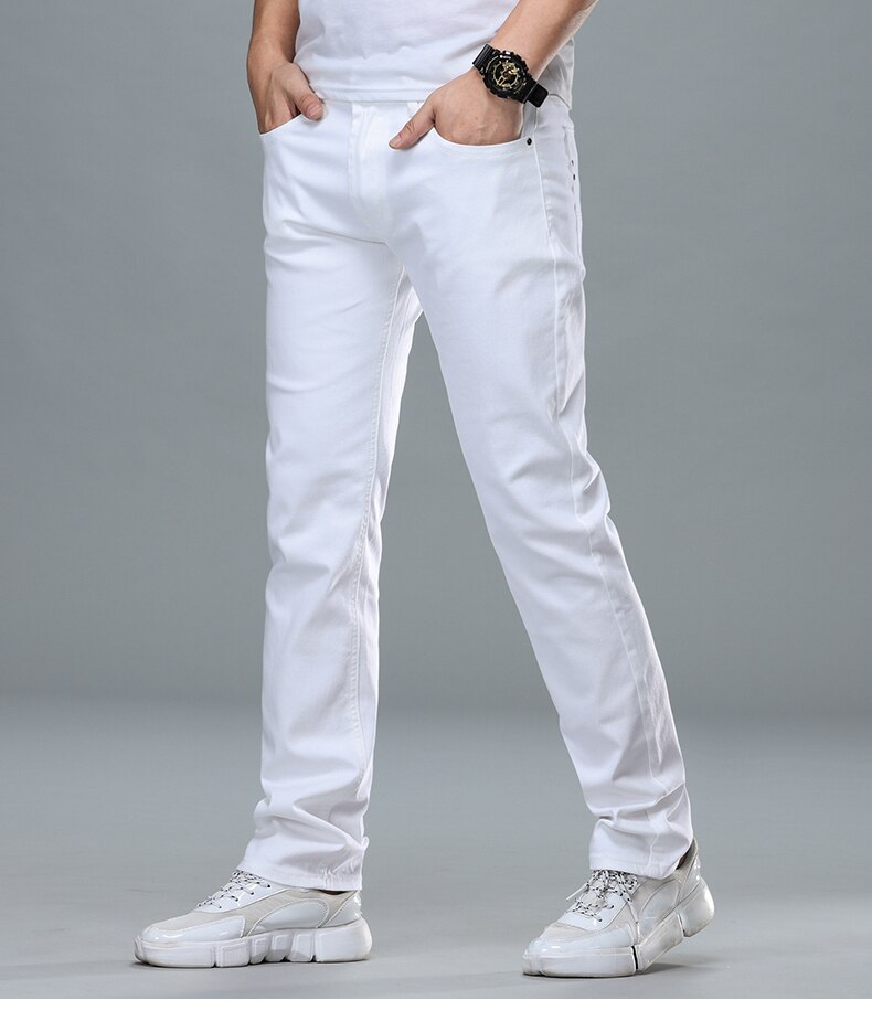 2 stilar herr röda jeansbyxor tunna raka herrjeans slim fit byxor klassiska jean homme spijkerbroeken mjuk: Vit / 36