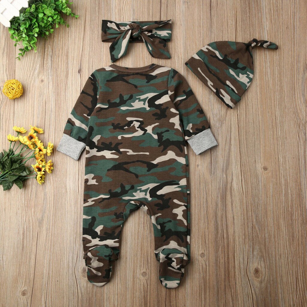 Pasgeboren Baby Meisjes Jongens Camouflage Romper Baby Leuke Rits Casual Jumpsuit Haarband Hoed Set Peuter Lange Mouwen Katoenen Kleding