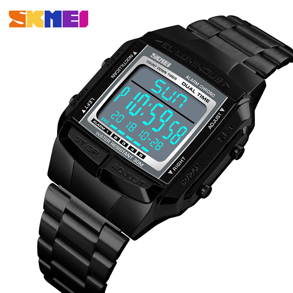 SKMEI1381Männer Analog Digital Uhr Sport Armbanduhr 2 Lässige Zeit 5 Alarm 3ATM Wasserdichte Edelstahl Armbinde Hintergrundbeleuchtung: Schwarz