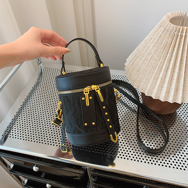 Bolso tipo cubo con estampado de mármol para mujer, bolso de hombro de piel sintética con cremalleras dobles y correa desmontable para uso diario: Negro