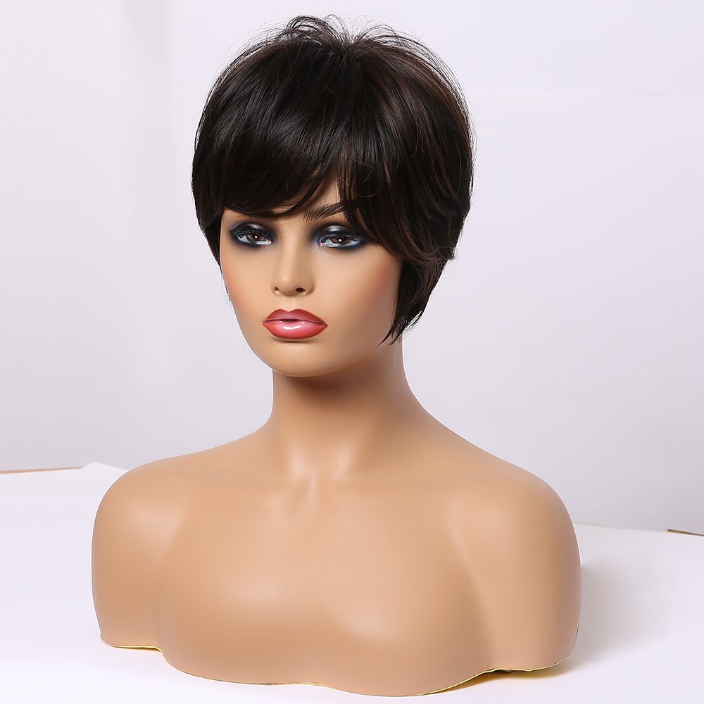 ALAN EATON Mixed Black Brown Wigs for Women Afro Short Straight Bob Wigs with Side Bangs High Temperature Fiber Pixie Cute