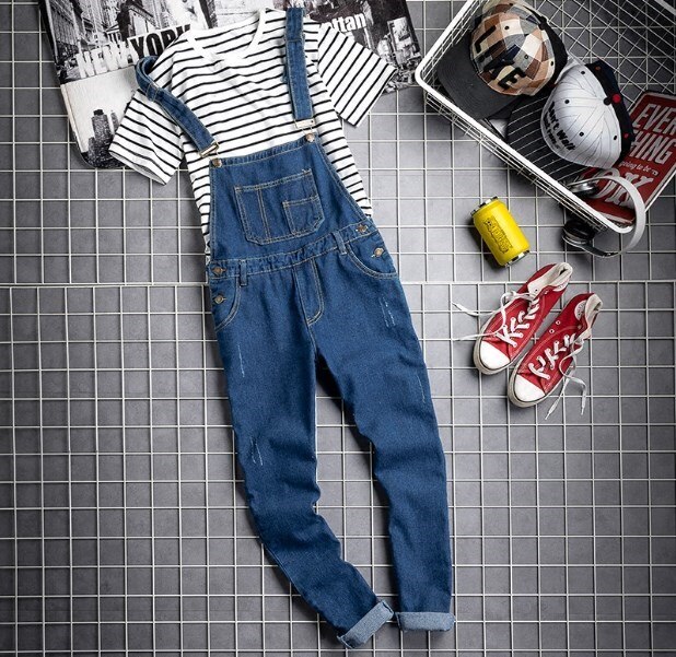Mænd afslappet blå et stykke ærmeløs denim jumpsuit herre ripped jeans overalls lomme cowboy hip hop selebukser plus str.
