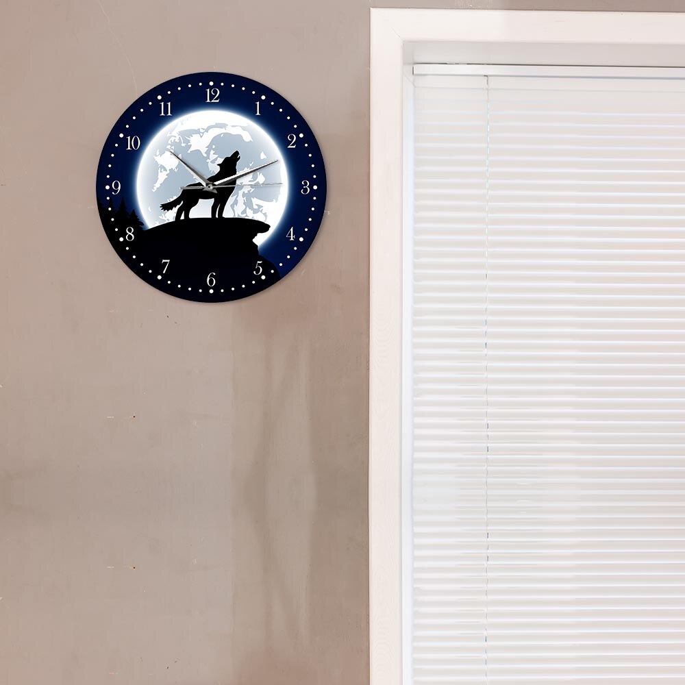 Howling Wolf With Moon Wall Clock Wildlife Animal Wolf Wall Clock Modern Grey Wolf Man Cave Living Room Home Decor